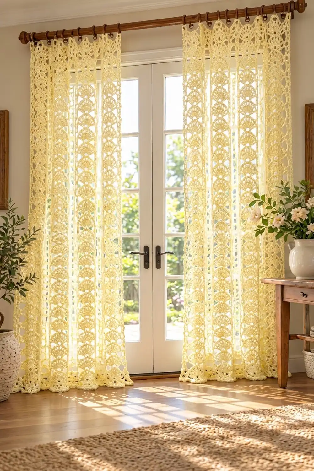 Delicate yellow lace curtains hang from a wooden rod framing glass doors in a bright, sunlit room with natural décor.