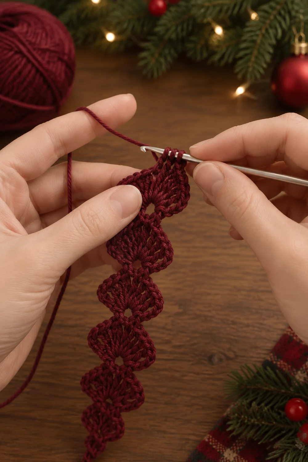 Hands crocheting deep burgundy yarn into flower motifs with evergreen garland and Christmas ornaments in background.