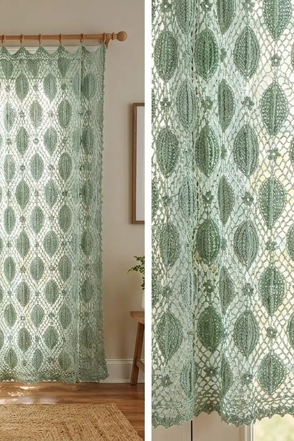 A sage green lace curtain with leaf pattern hangs from a wooden rod in a neutral room with hardwood flooring.