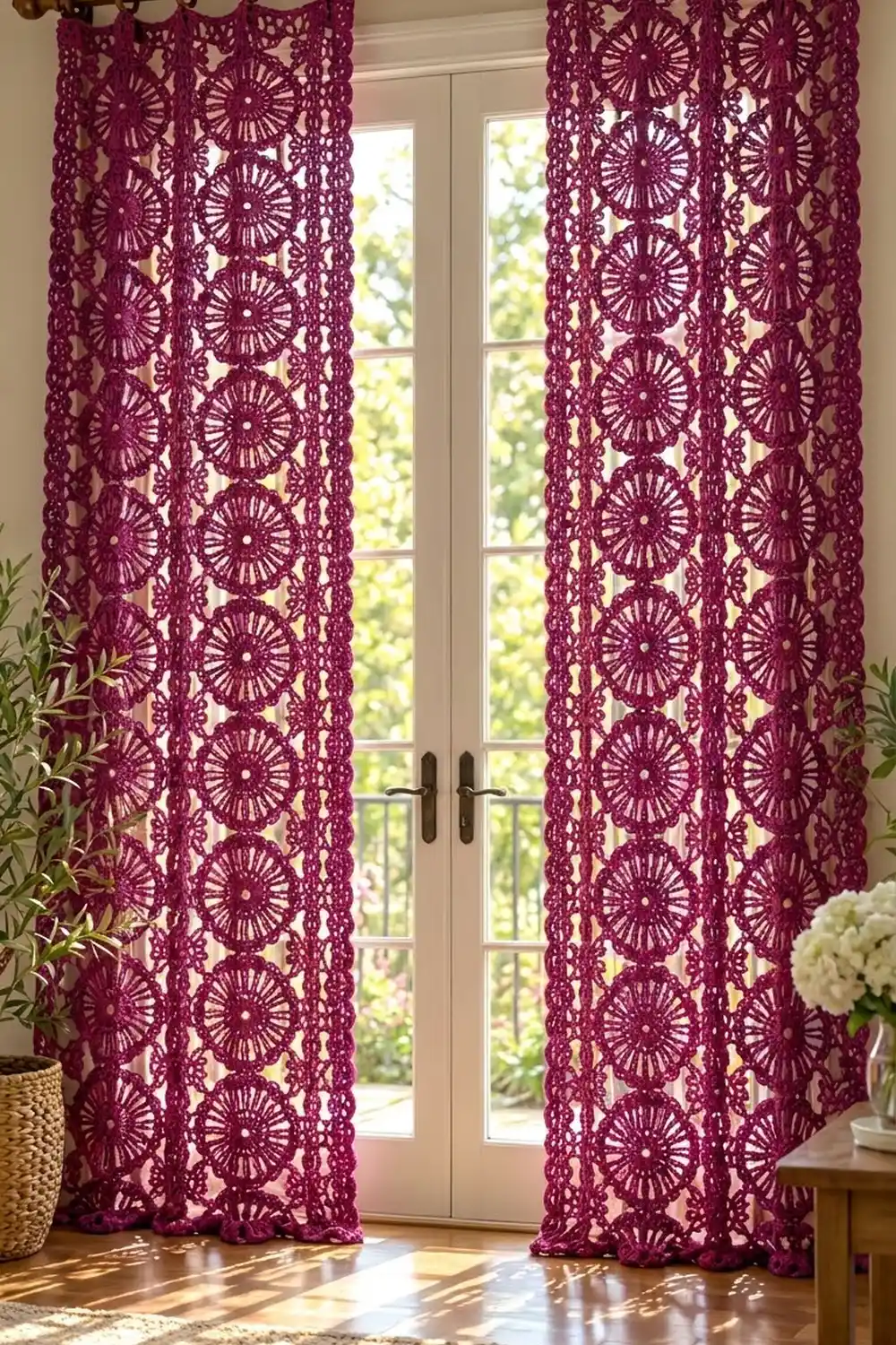 Burgundy lace curtains with floral patterns hang beside glass doors, filtering sunlight into a bright room.