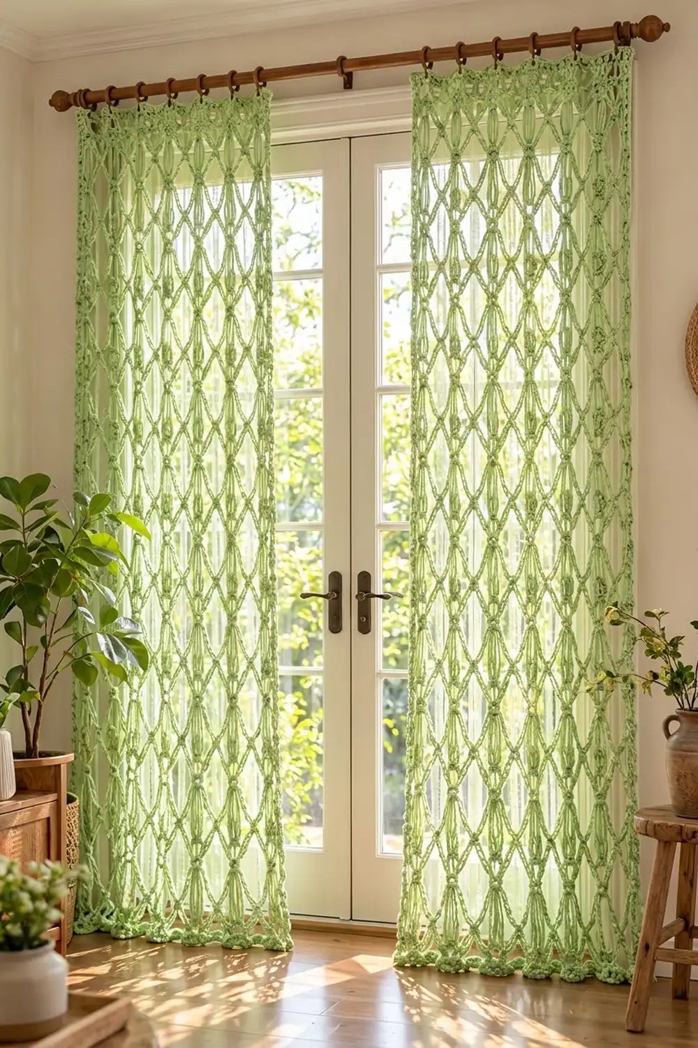 Green patterned curtains hang from a wooden rod over French doors, filtering natural sunlight in a bright room.