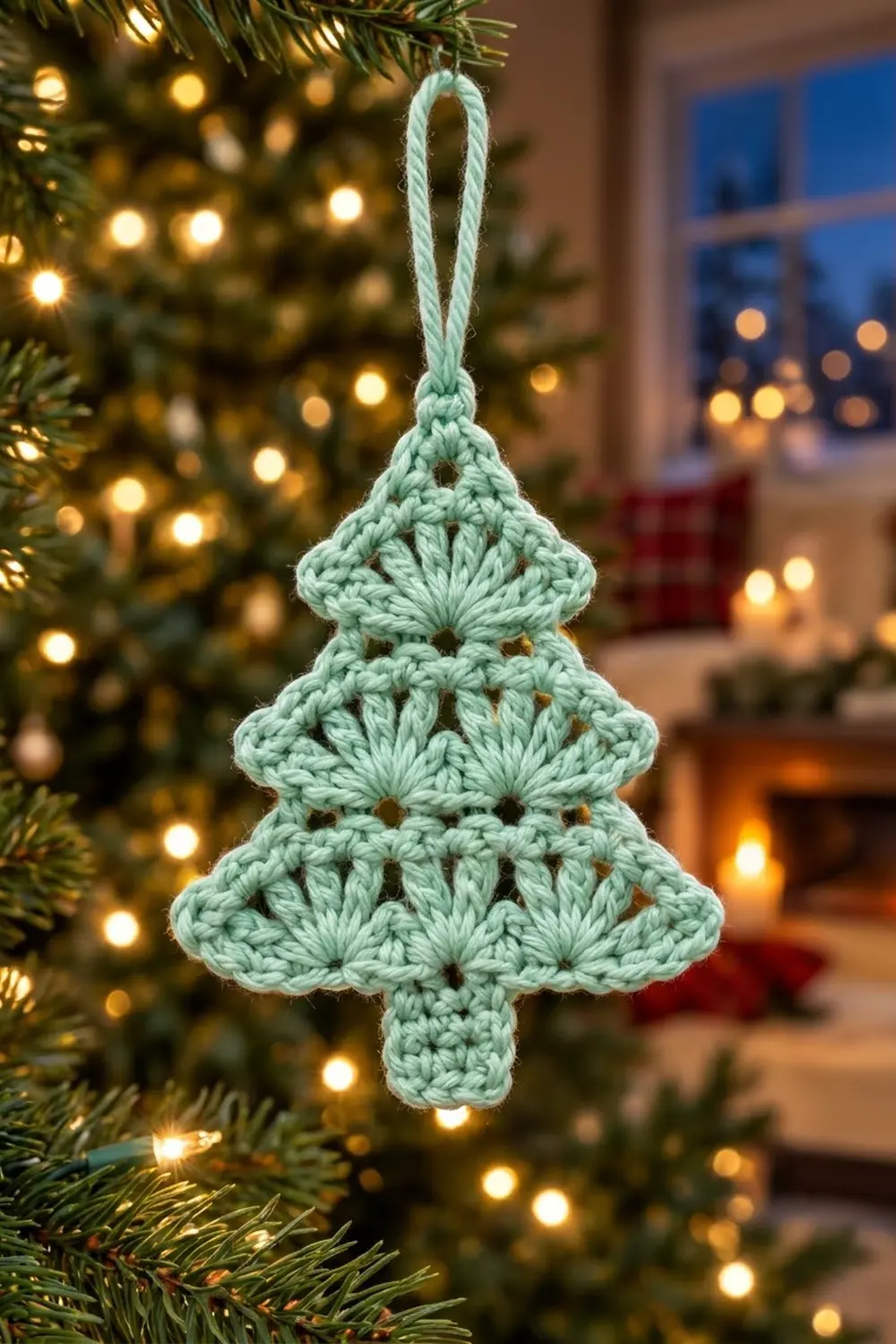 A pale green crocheted Christmas tree ornament hangs from an evergreen branch decorated with warm white lights.