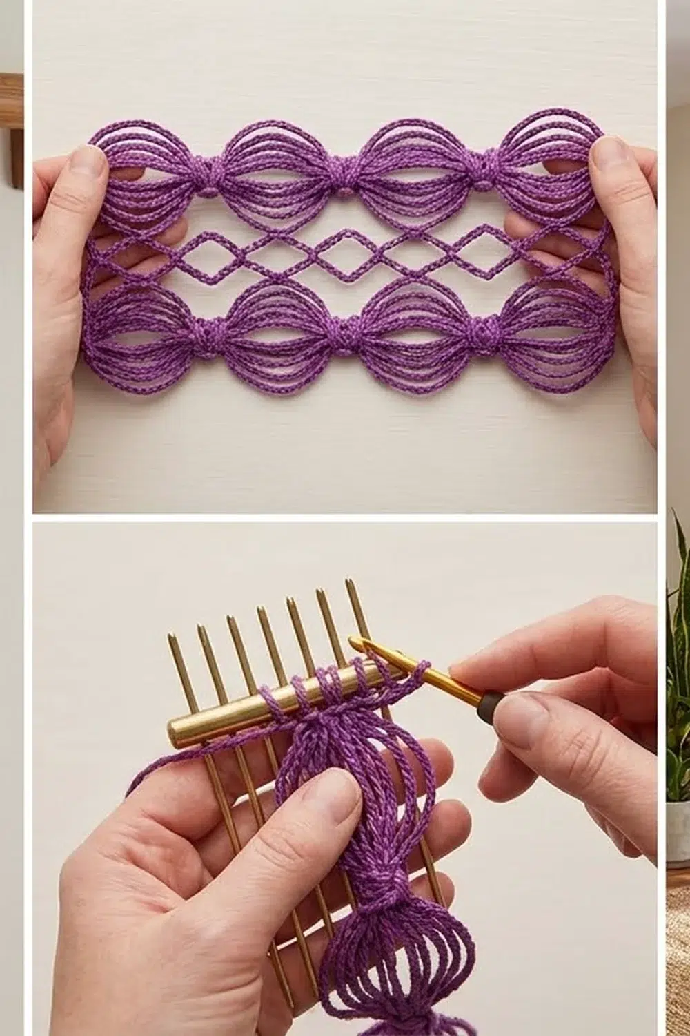 Purple crochet lace trim held in hands, showing decorative bow pattern and knitting needle construction detail.