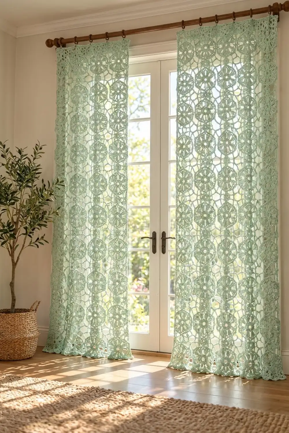 Sage green lace curtains hang from a wooden rod framing French doors with natural light and interior styling.