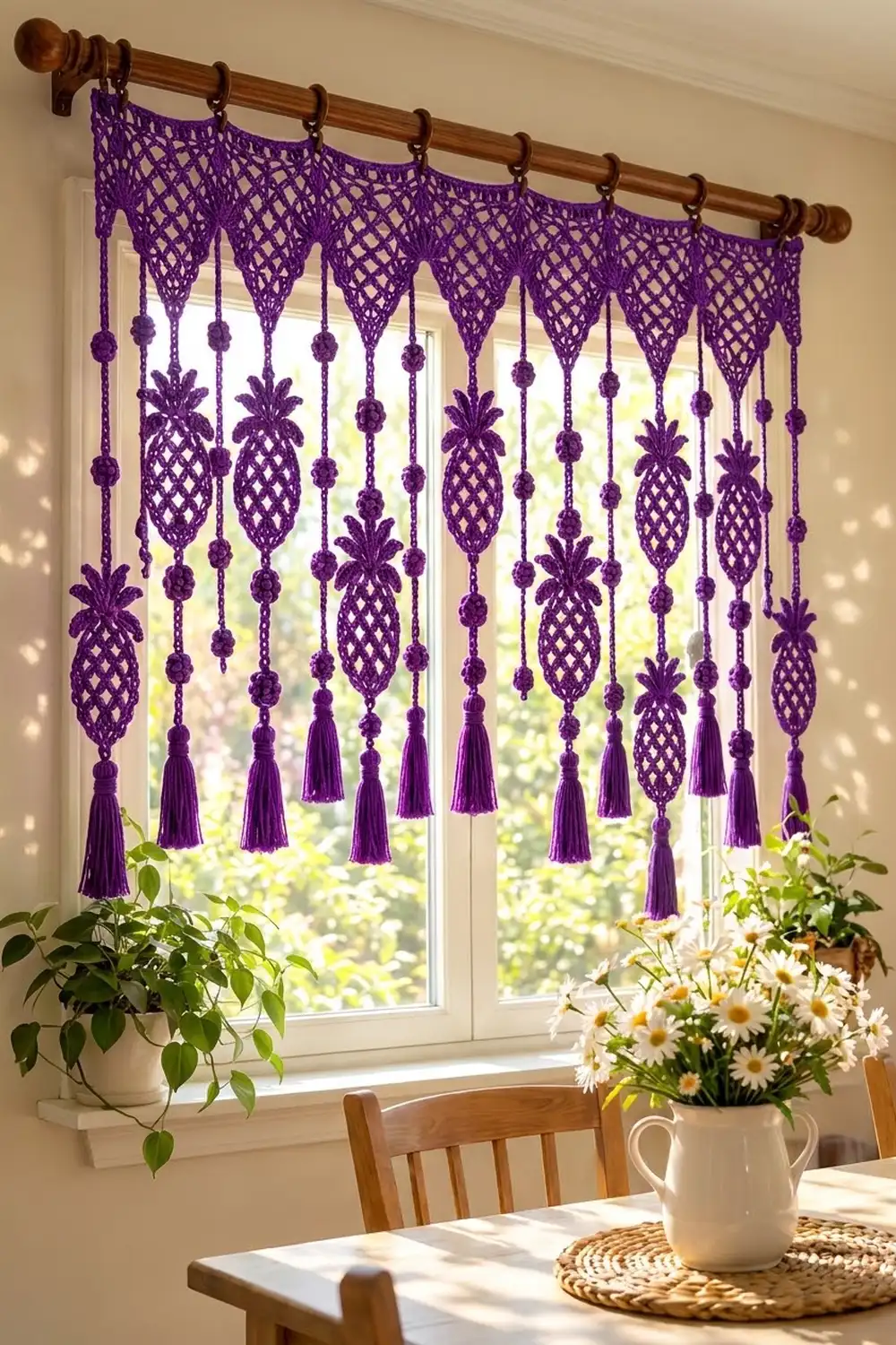 Purple crocheted macramé curtain with pineapple motifs and tassels hanging in a bright kitchen window above potted plants.