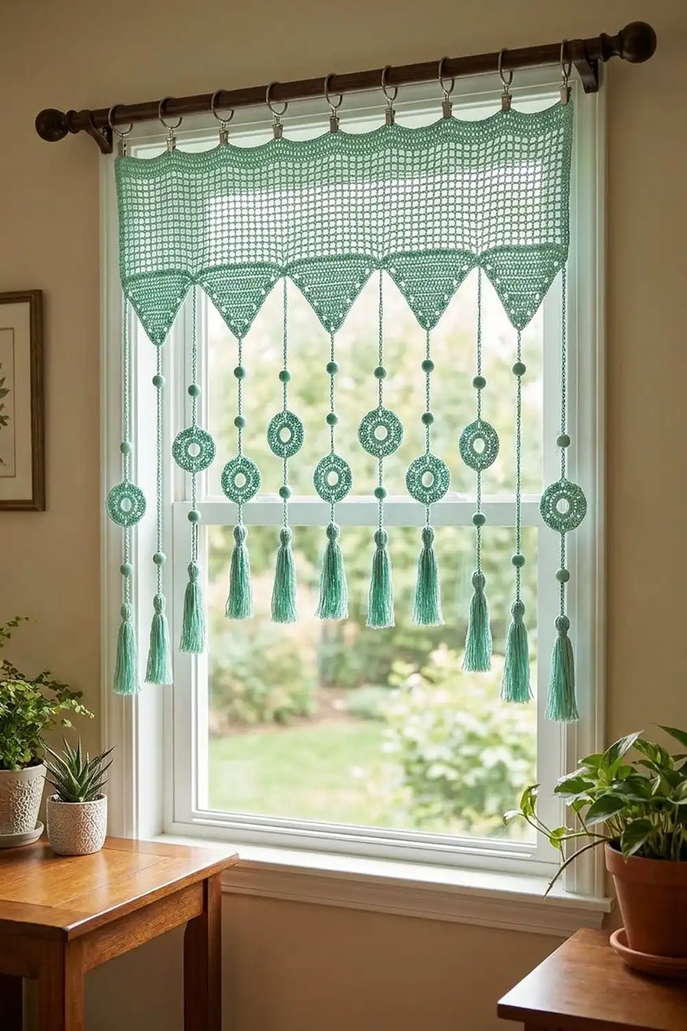 A green crochet window valance with dangling tassels and beads hangs above a bright window in a warm, plant-filled room.