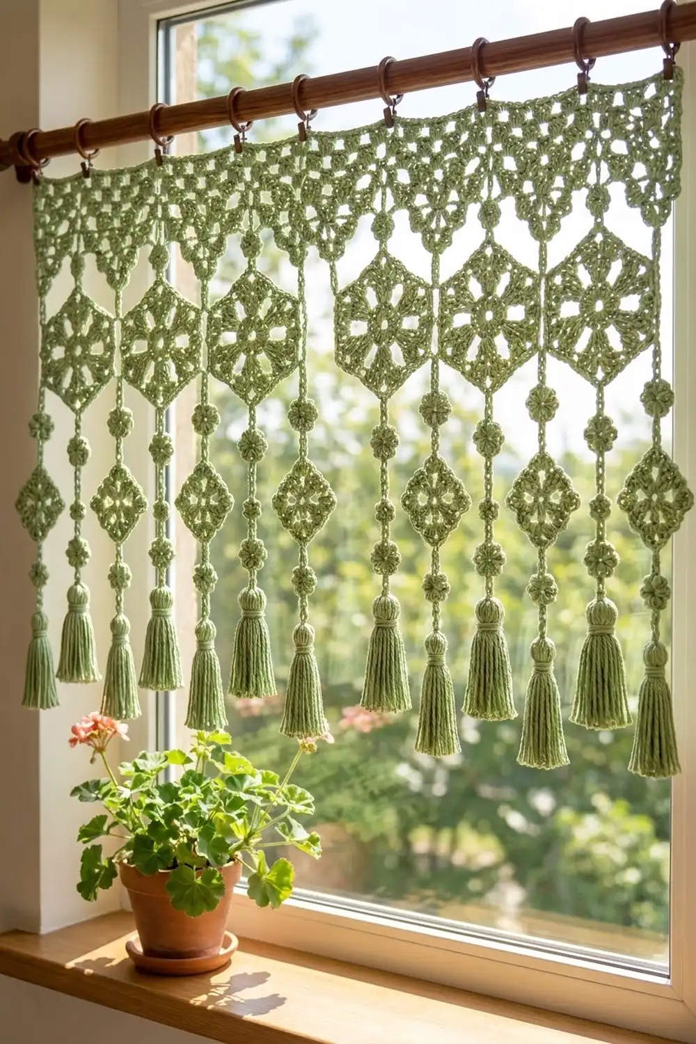 A sage green crocheted curtain with diamond patterns and beaded tassels hangs above a potted geranium on a sunny windowsill.