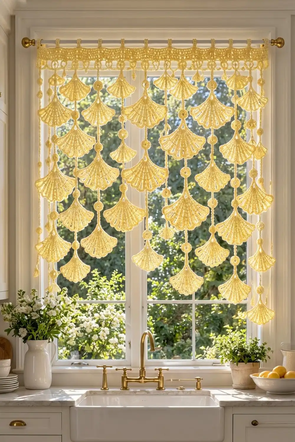 A golden lace shell-patterned window curtain hangs above a kitchen sink with white flowers and plants.