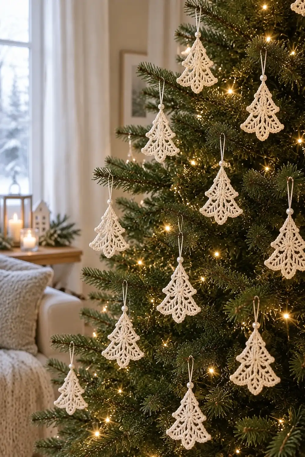 Delicate white lace tree ornaments hanging on a green Christmas tree with warm golden lights in a cozy home.
