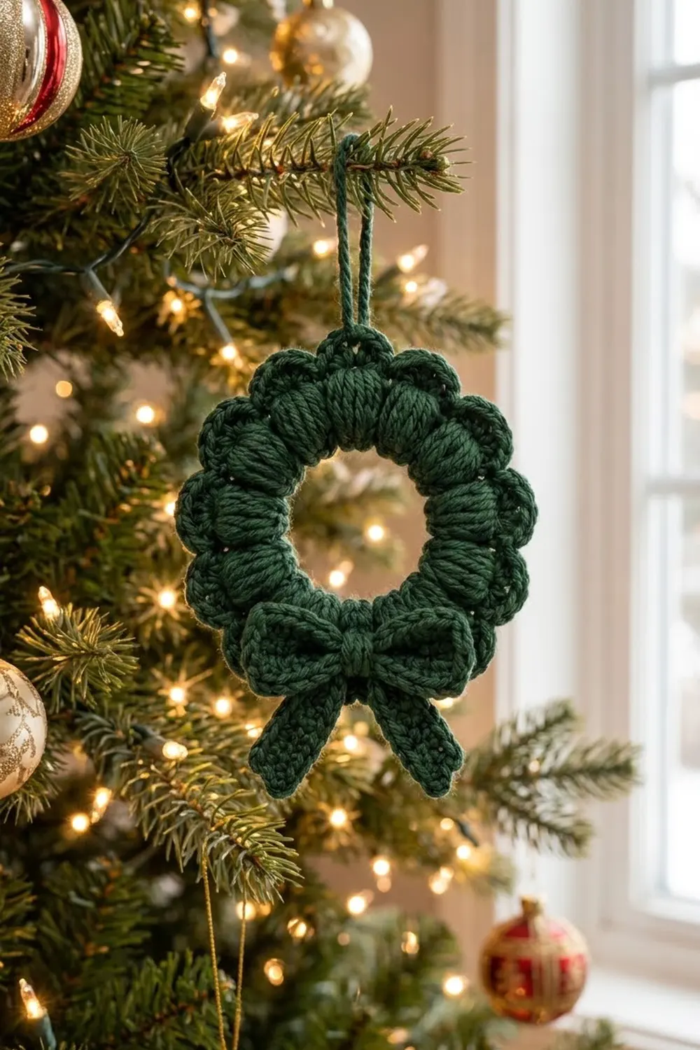 A small crocheted dark green wreath ornament with a bow hangs from an evergreen Christmas tree branch.