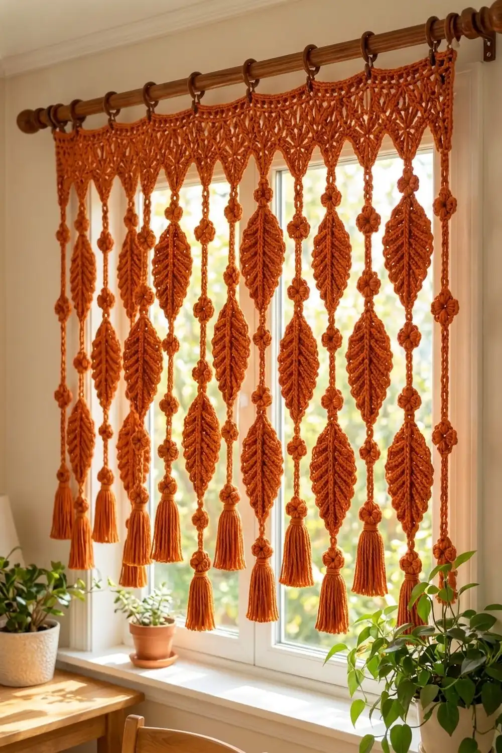 An orange macramé leaf curtain with tassels hangs from a wooden rod over a sunny window with potted plants.