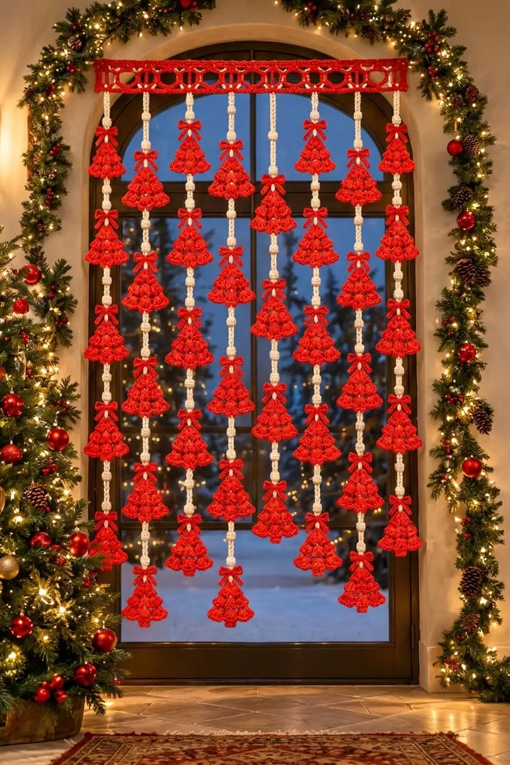 Red crocheted Christmas tree ornament curtain hanging in archway with garland and lights.
