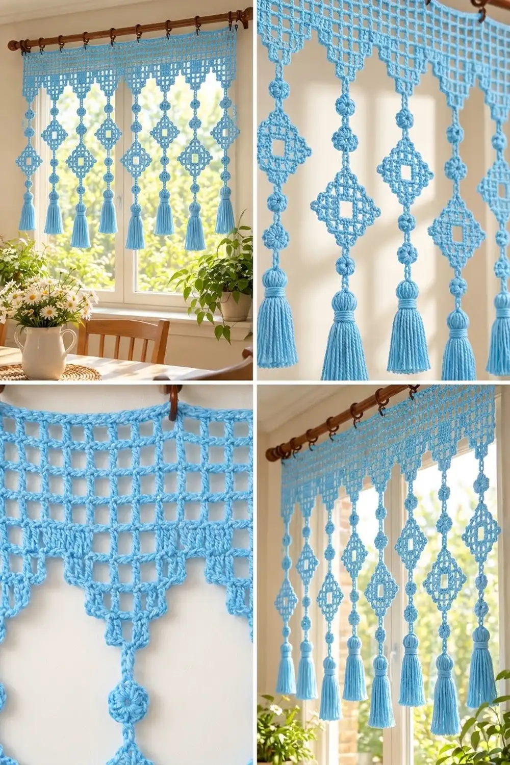 Blue crochet lace window valance with tassels displayed on a wooden rod above a sunny window with plants.