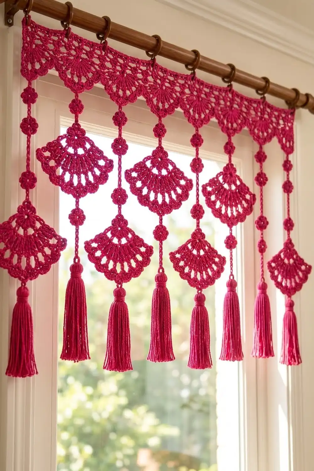 A vibrant magenta crocheted window valance with dangling tassels and spheres hangs from a wooden rod above a sunny window.
