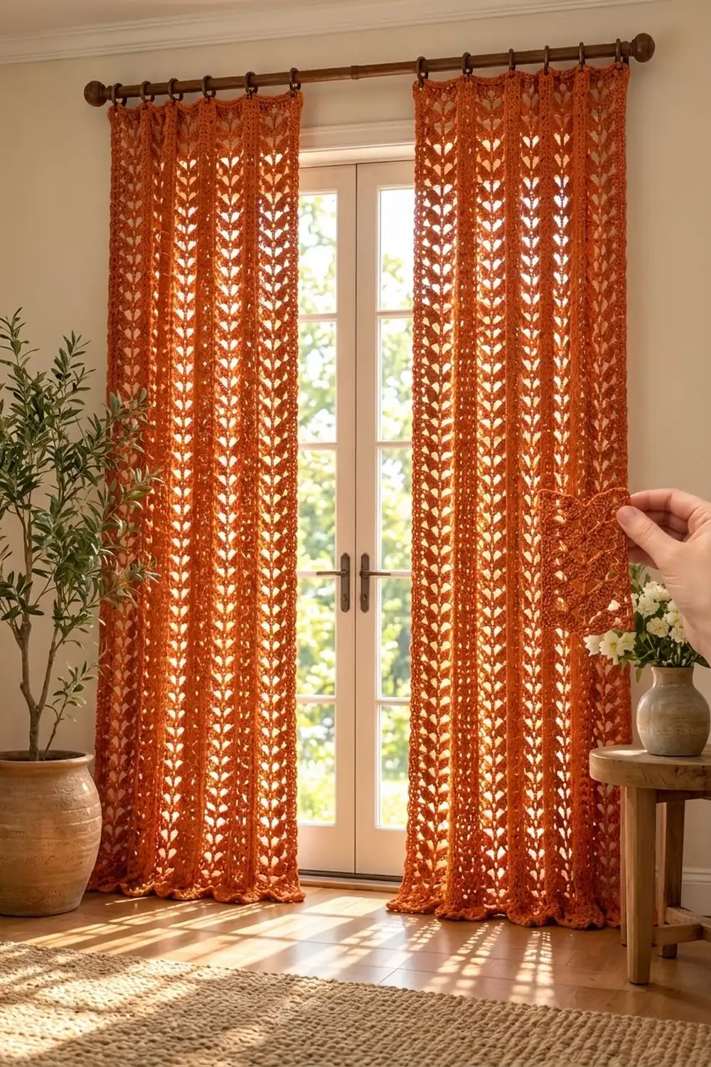 Rust-orange patterned curtains with leaf motifs hang from a wooden rod beside glass doors in a sunlit room.
