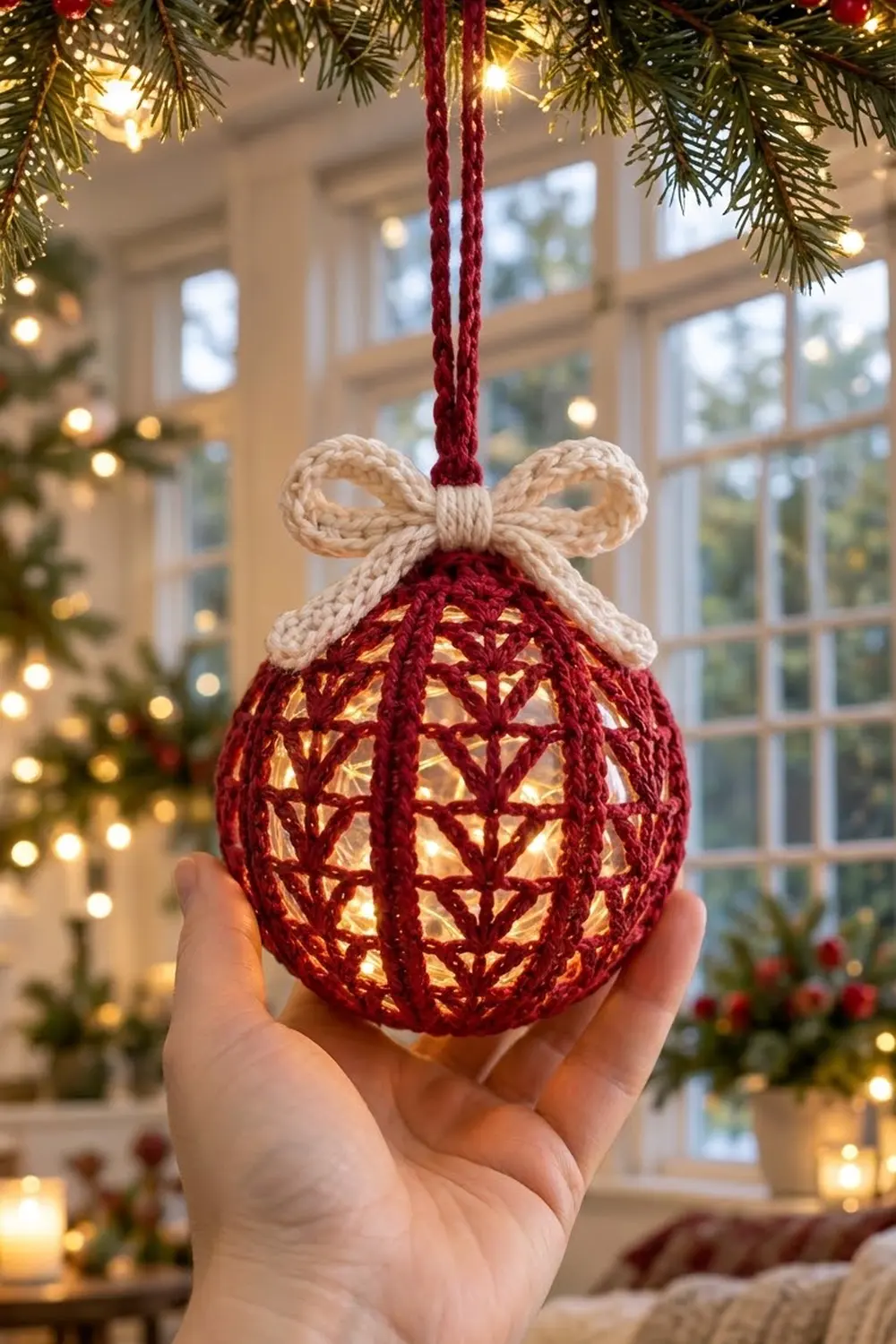 A hand holds a red crocheted ornament with cream bow hanging before a sunlit window with holiday decorations.
