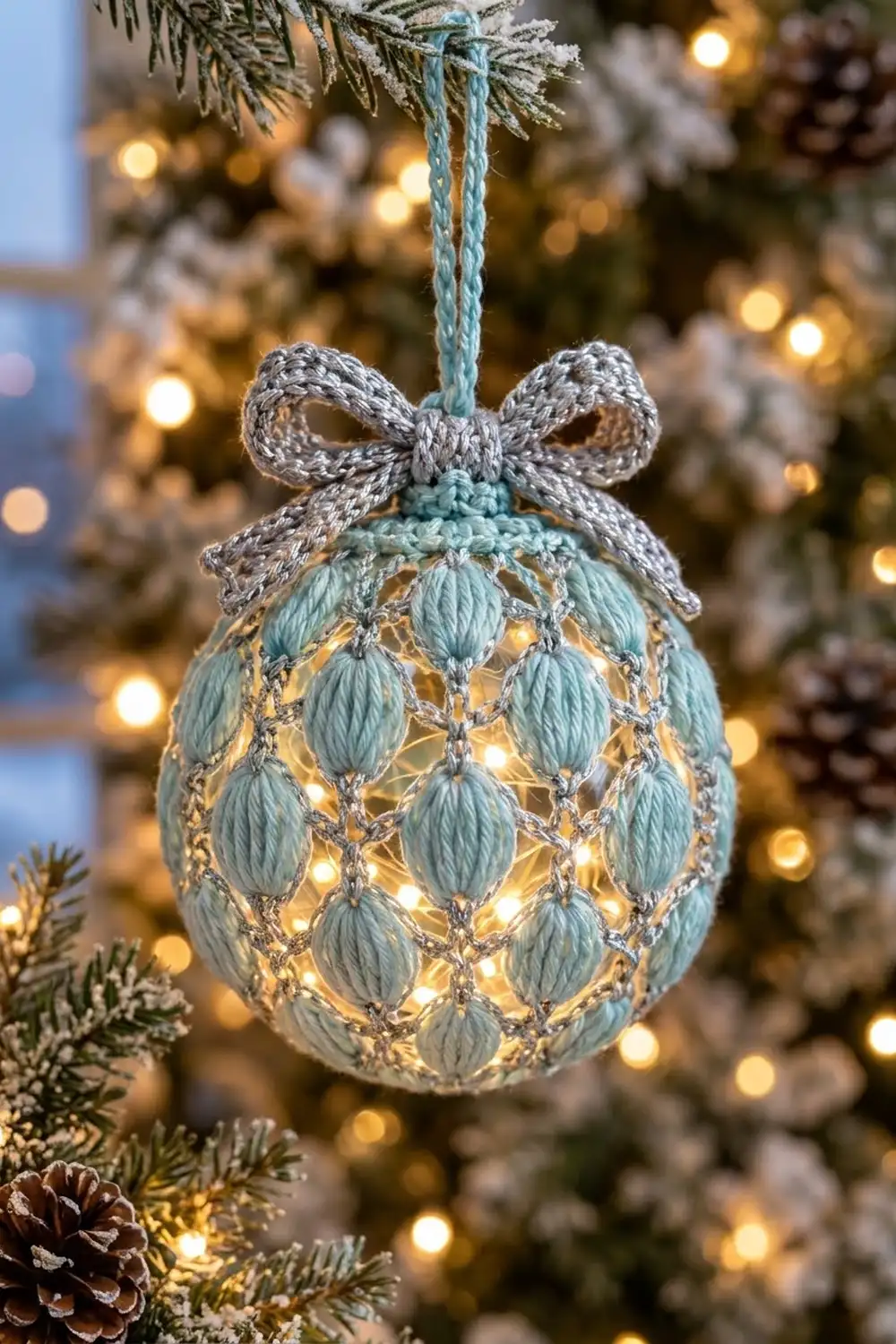 A light blue crocheted egg ornament with silver bow and twinkling lights hangs from a frosted evergreen branch.
