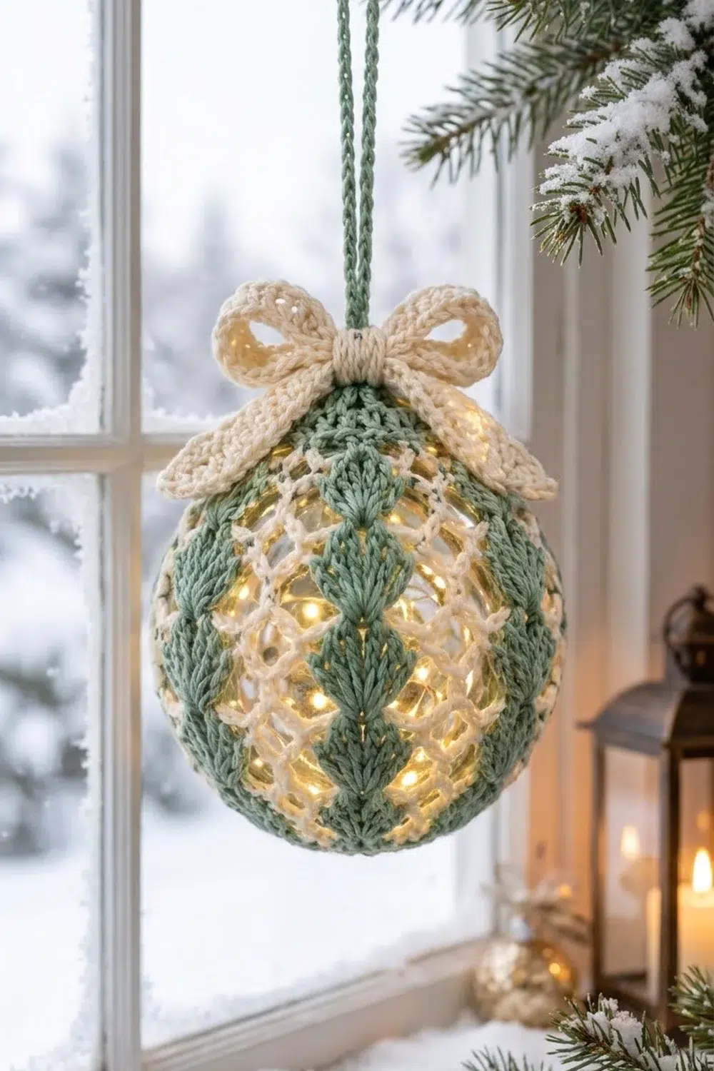 A crocheted sage green and cream ornament with a bow hanging in a snowy window with twinkling lights.