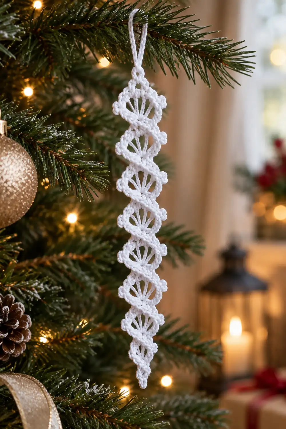 A white crocheted ornament hangs from an evergreen branch amid warm lights and holiday decorations.