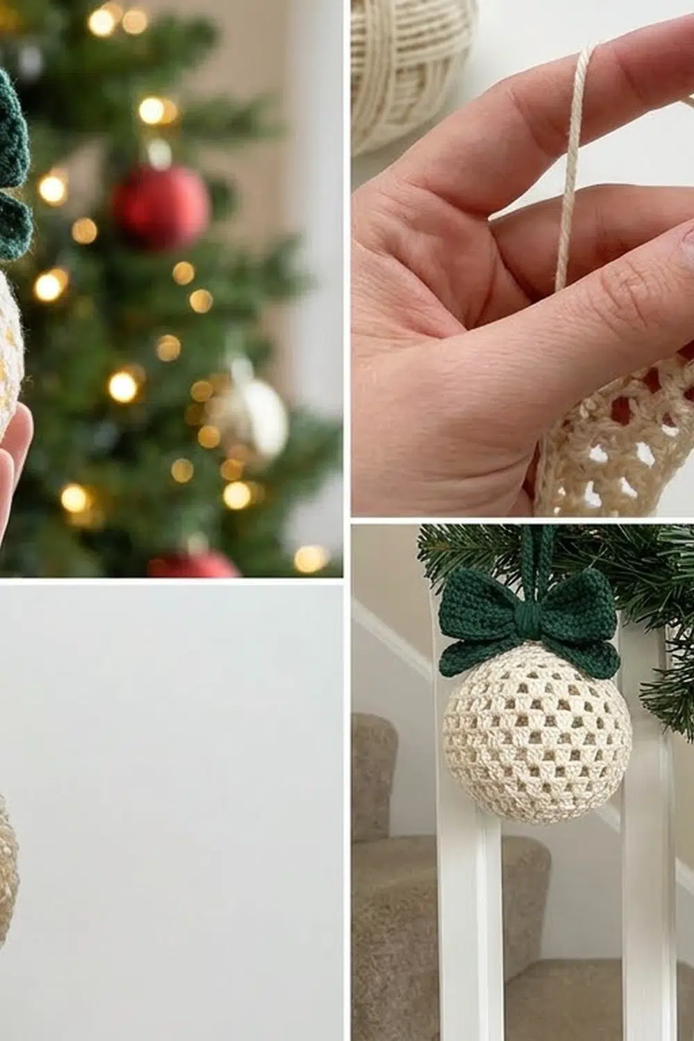 A crocheted cream-colored ball ornament with dark green bow hanging on a Christmas tree with lights.