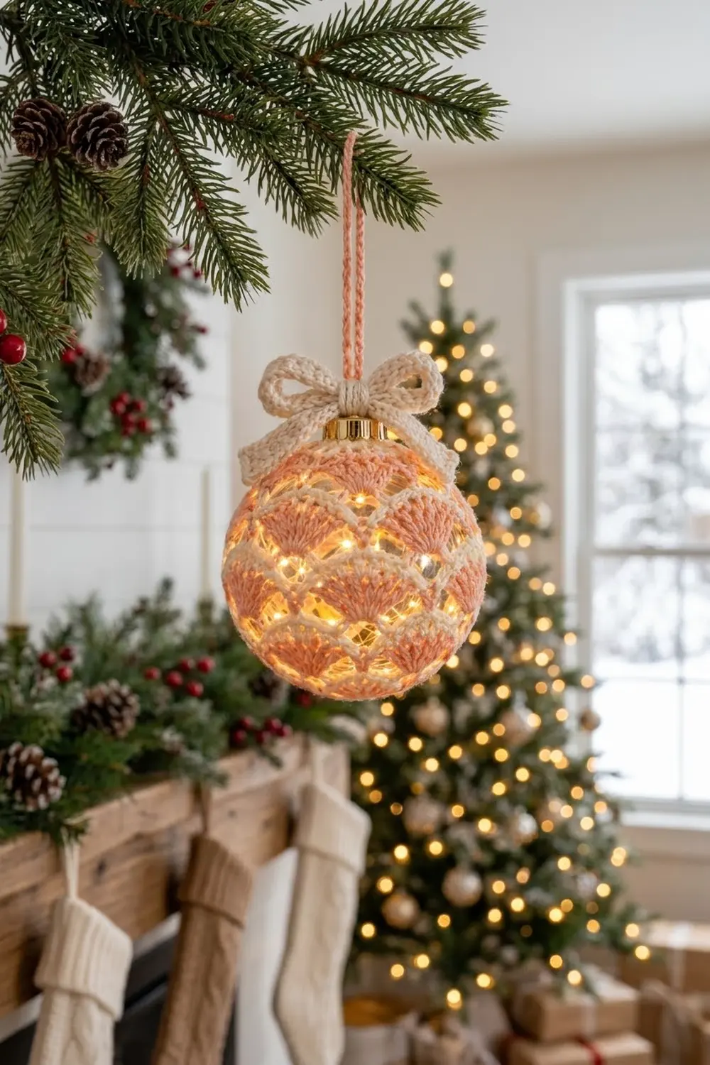 A glowing peach-colored ornament with textured pattern hangs from evergreen branches in festive holiday décor.