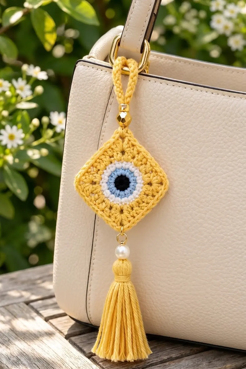 A yellow crocheted evil eye charm with tassel hangs from a cream leather bag in a garden setting.