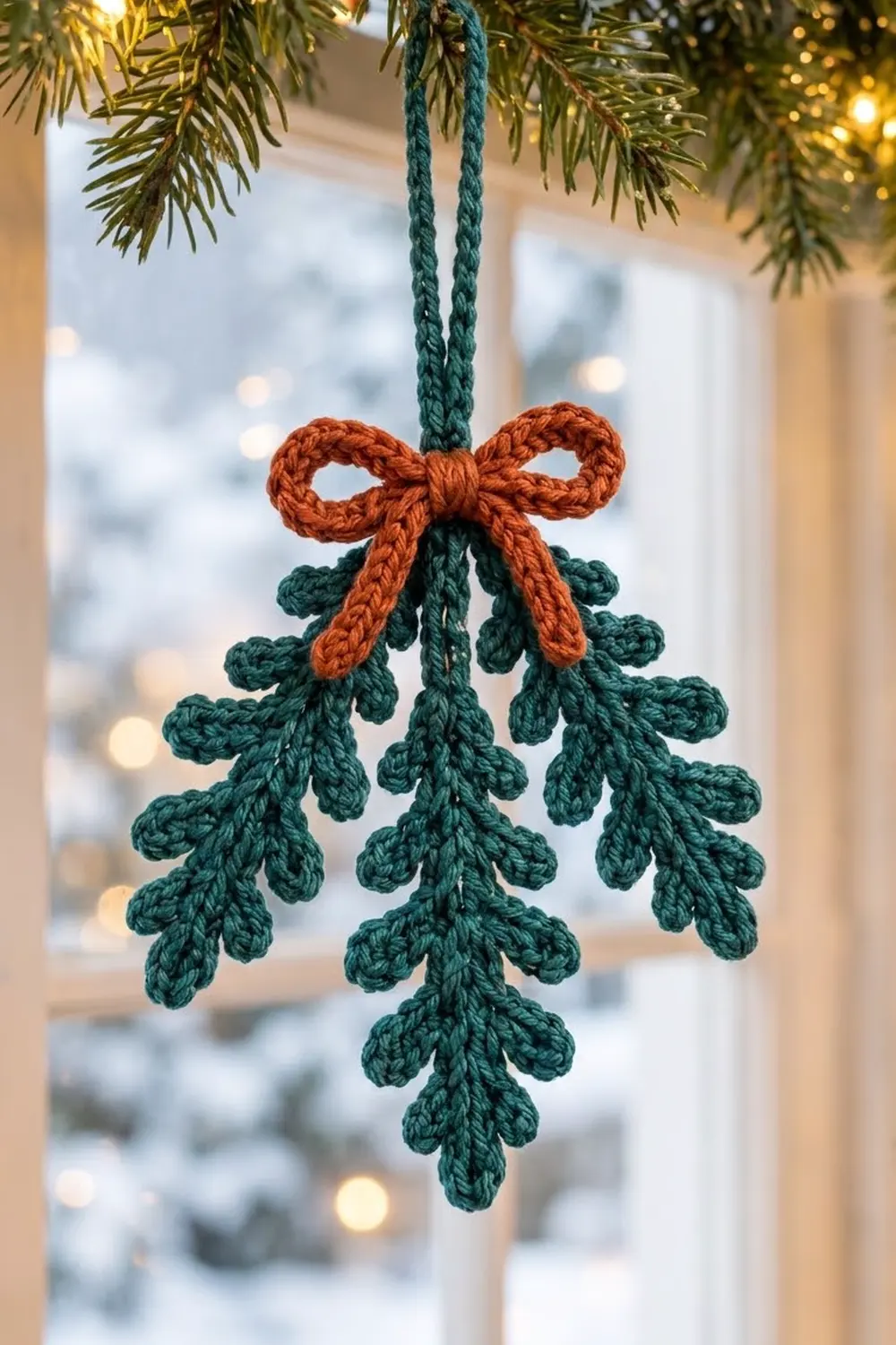 Crocheted mistletoe ornament in dark green with rust-orange bow hanging from evergreen branch near window.