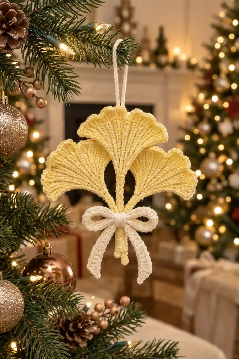 A crocheted yellow ginkgo leaf ornament with cream bow hangs from evergreen branches amid Christmas decorations.