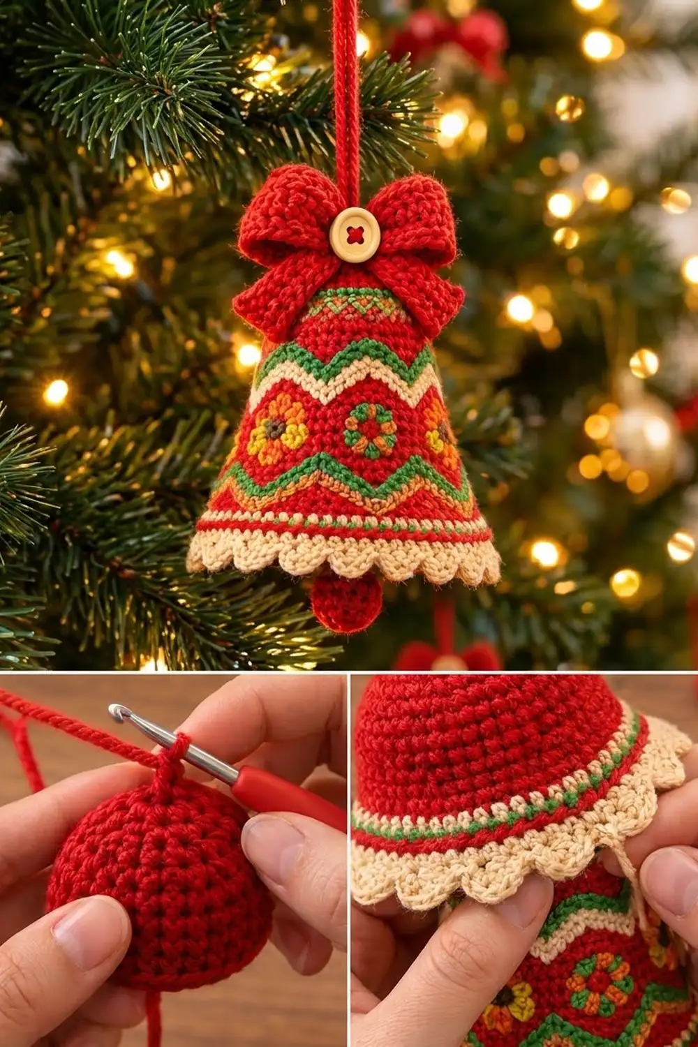 A crocheted red Christmas bell ornament with green and cream stripes hanging from an evergreen branch with golden lights.