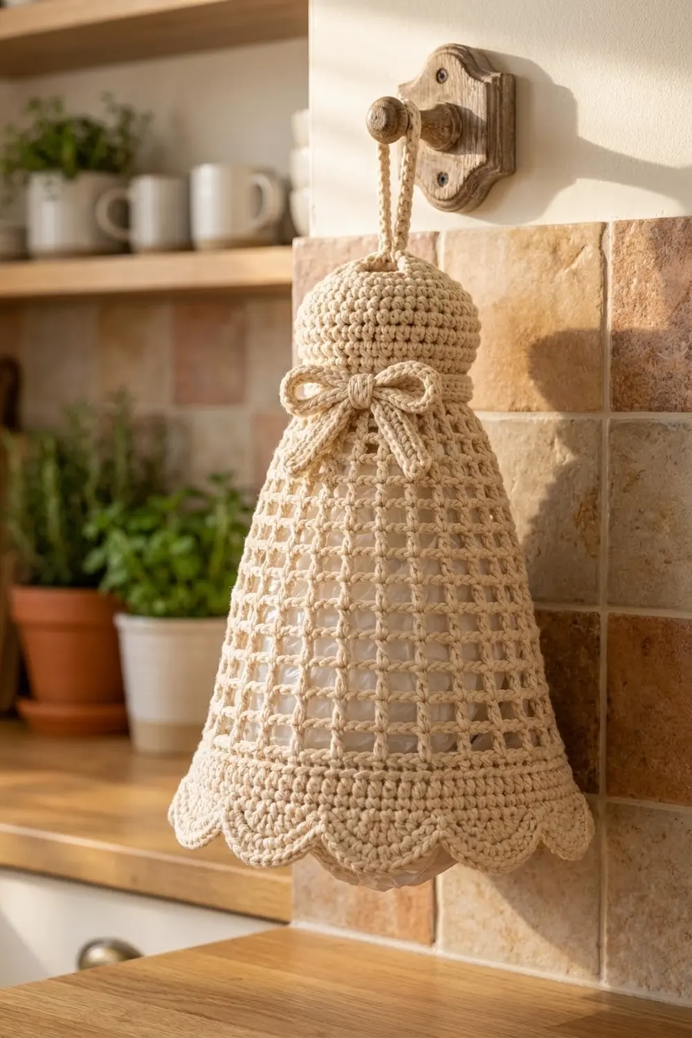 A crocheted cream kitchen towel with scalloped edges hangs from a wooden wall hook above a tiled backsplash.