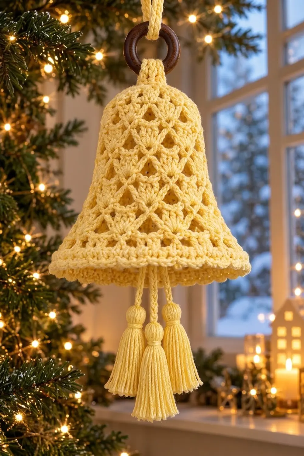 A crocheted cream-colored bell ornament with tassel hangs from an evergreen garland amid warm golden lights.
