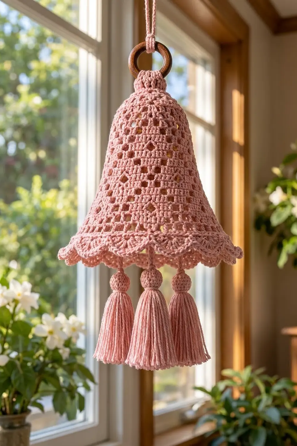 A dusty rose crocheted bell ornament with tassel fringe hangs in a sunny window among potted plants.