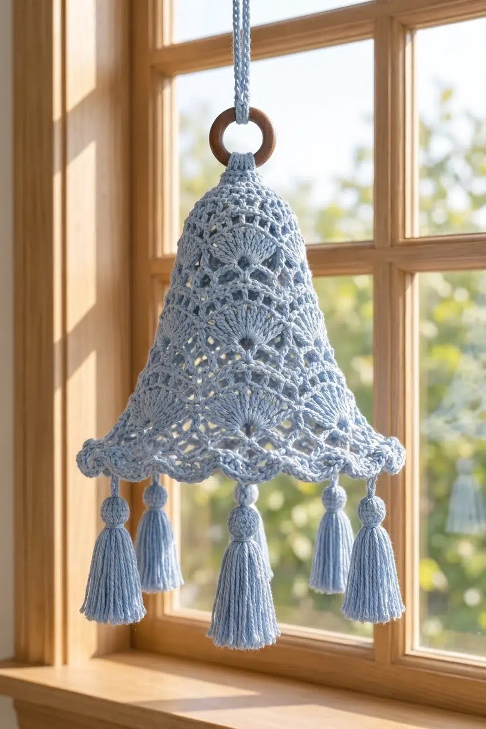 A crocheted light blue bell ornament with tassels hanging from a wooden window frame in sunlight.