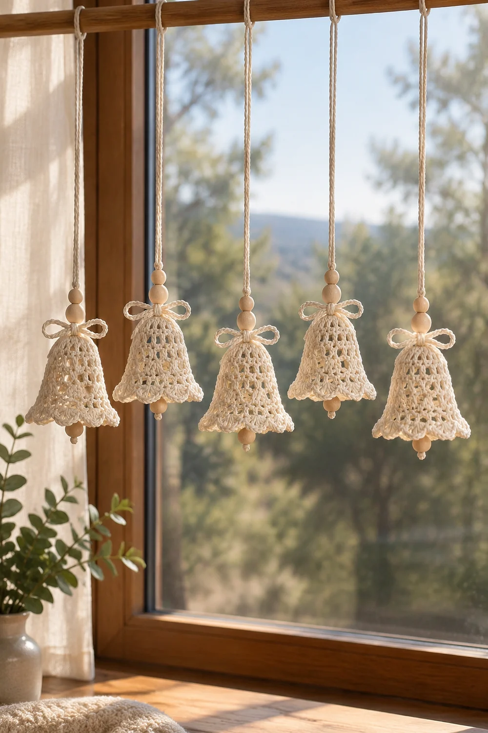 Five cream crochet bell ornaments with wooden beads and bows hang in a sunlit window overlooking forest.