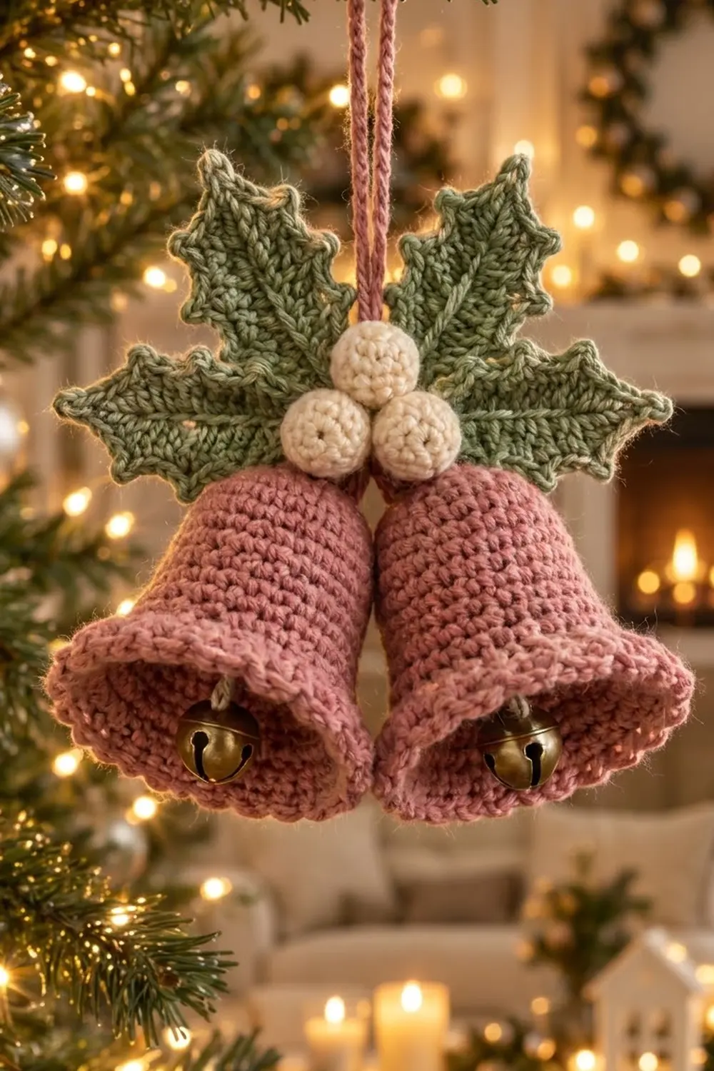 A crocheted pink bell ornament with holly leaves and berries hangs on a Christmas tree with warm lights.