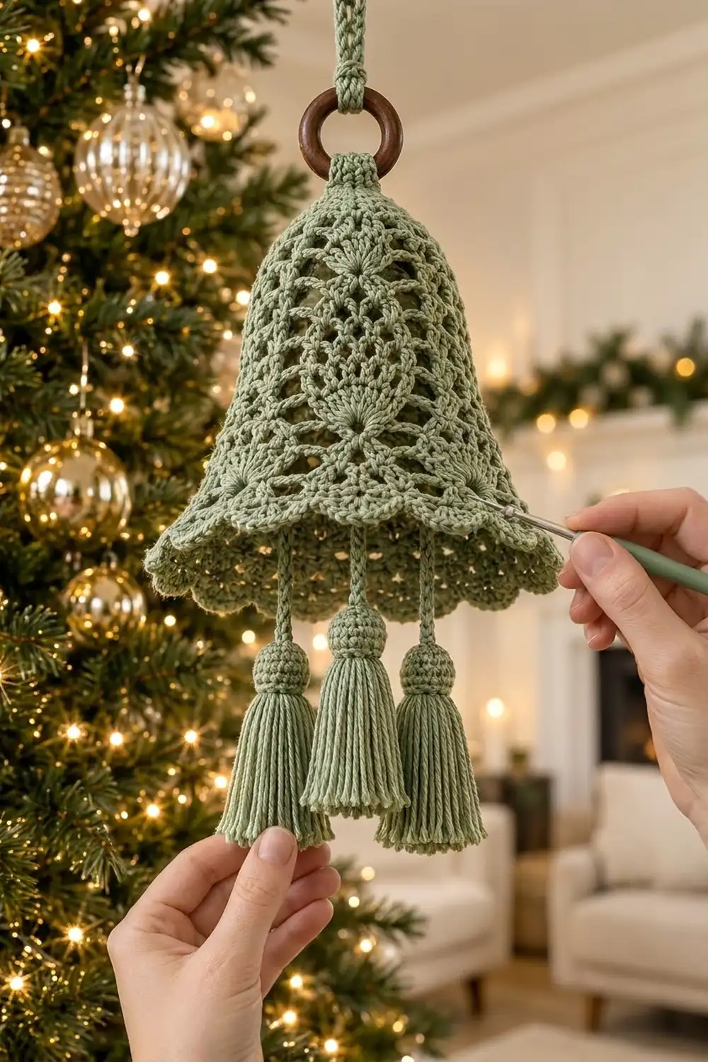 A crocheted sage green bell ornament with three tassels hangs from a wooden ring against a decorated Christmas tree.