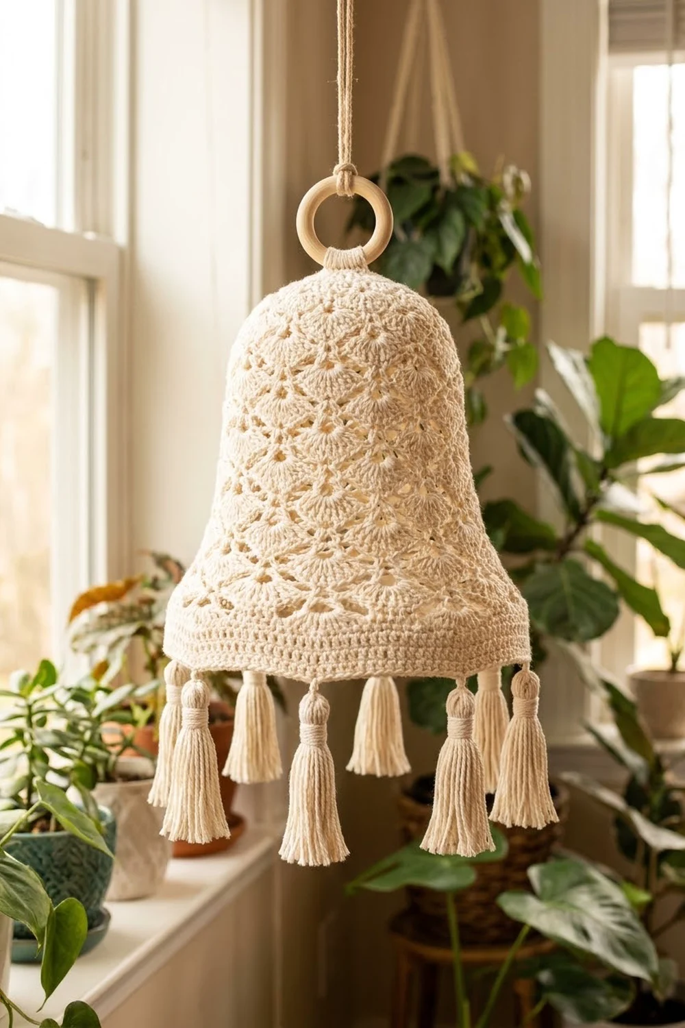 A cream crocheted bell ornament with tassels hangs in a sunny window surrounded by potted plants.
