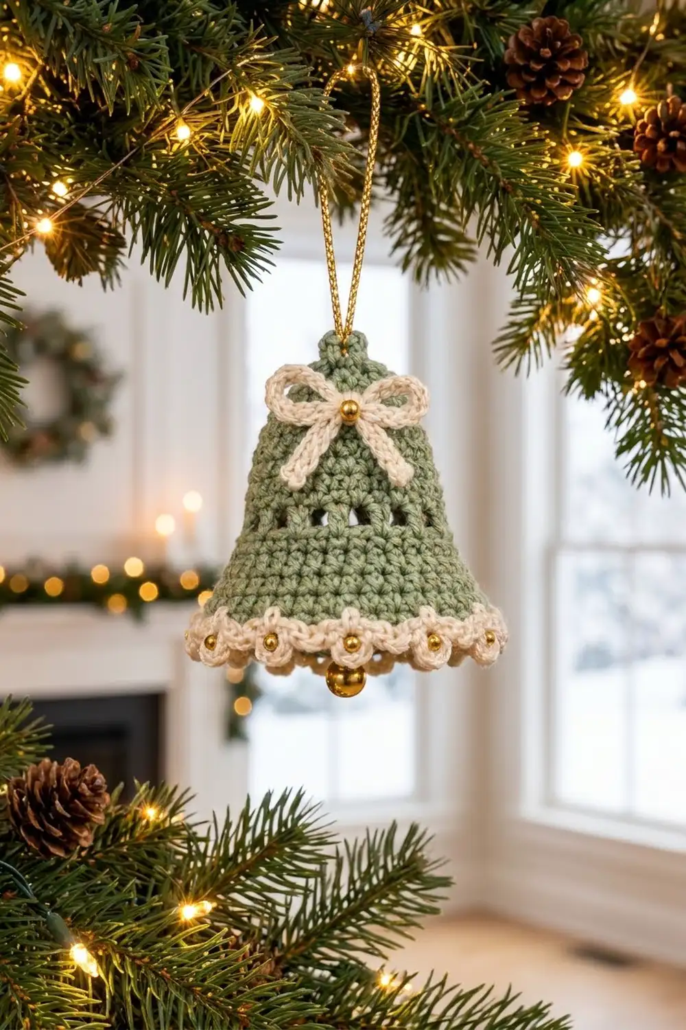 A crocheted green bell ornament with cream bow and gold beads hangs from evergreen garland with warm lights.