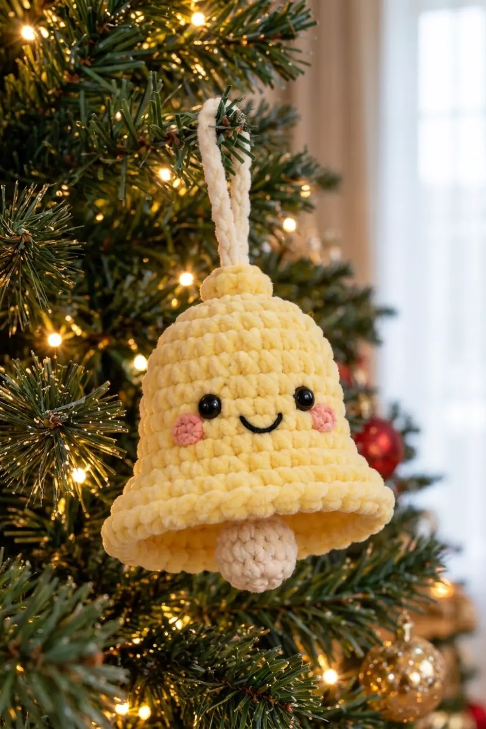 A crocheted yellow bell ornament with a smiling face hangs from a Christmas tree with golden lights.