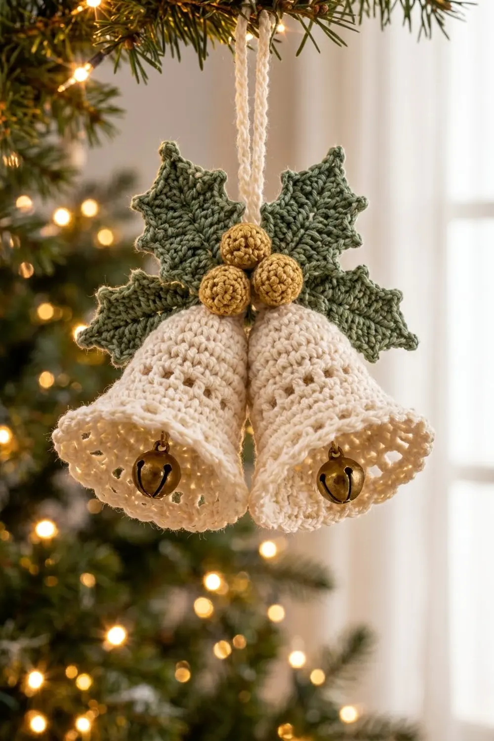 A crocheted bell ornament with cream bells, green leaves, and golden berries hangs from a Christmas tree with warm lights.