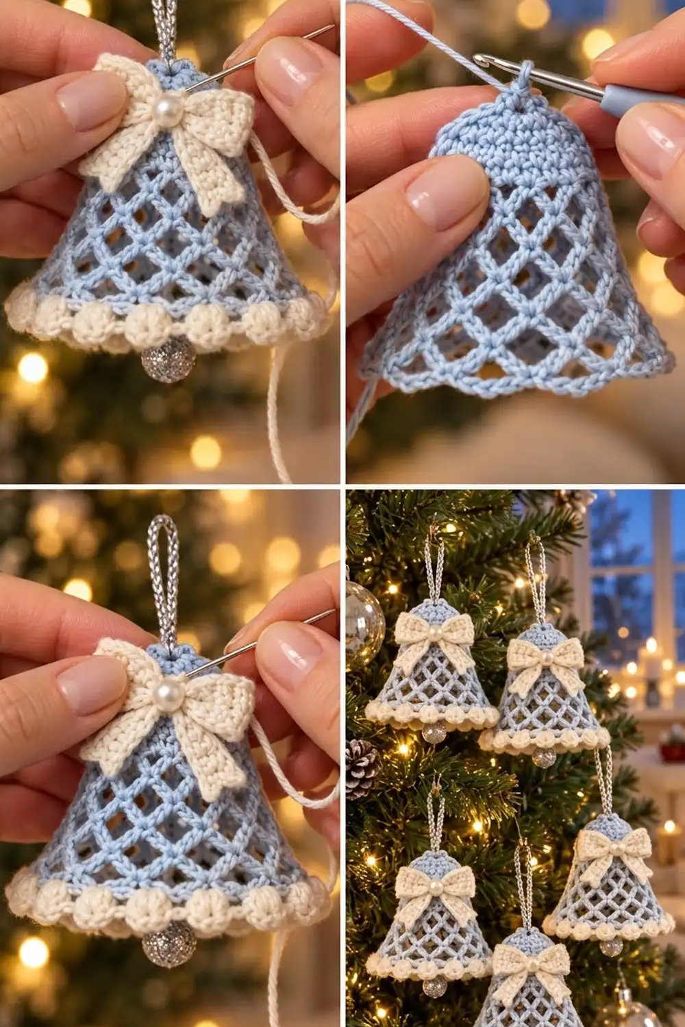 Crocheted bell ornaments in cream and blue with bows hanging on a decorated Christmas tree with lights.