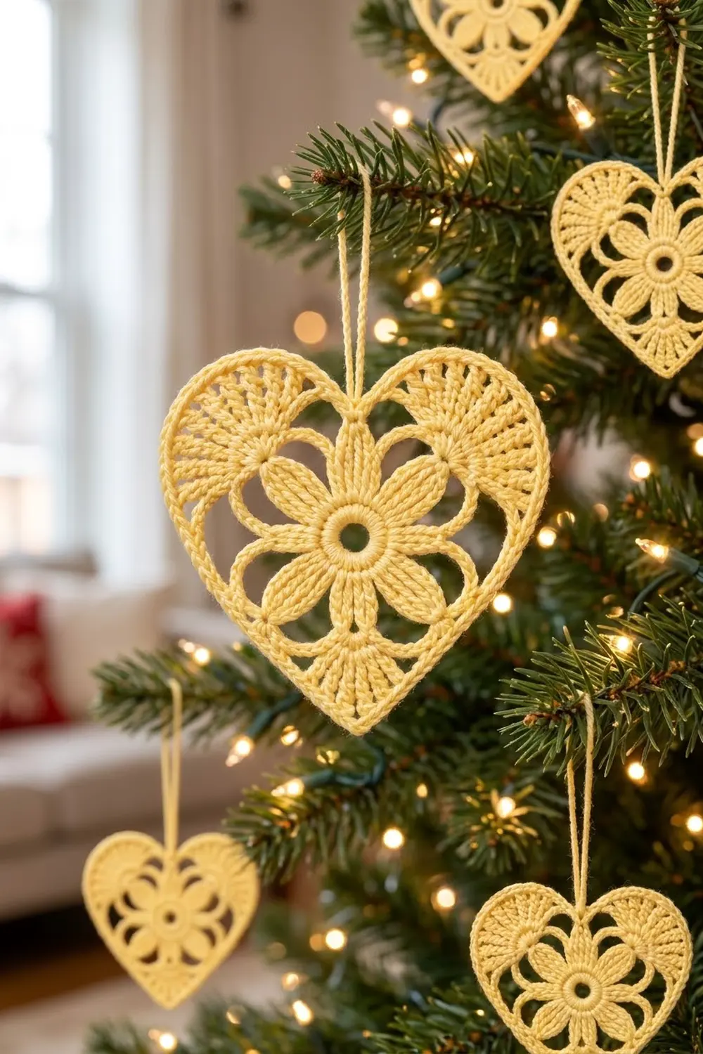 Cream crocheted heart ornaments with flower centers hang on an evergreen tree with warm string lights.