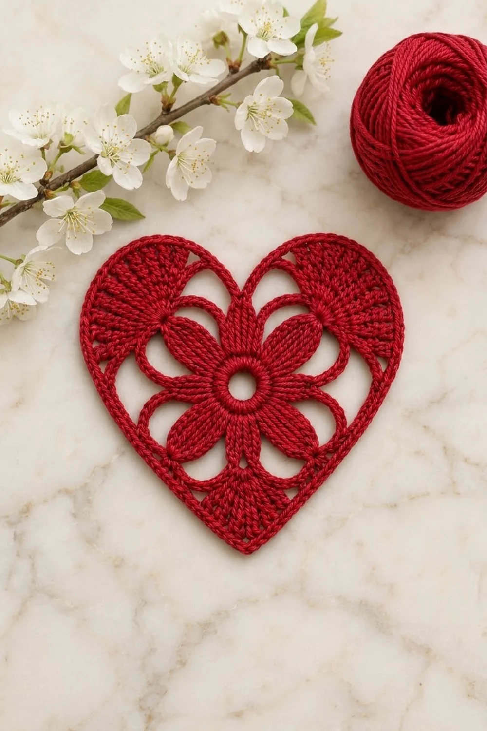 A red crocheted heart with a flower motif displayed on marble with white blossoms and yarn.