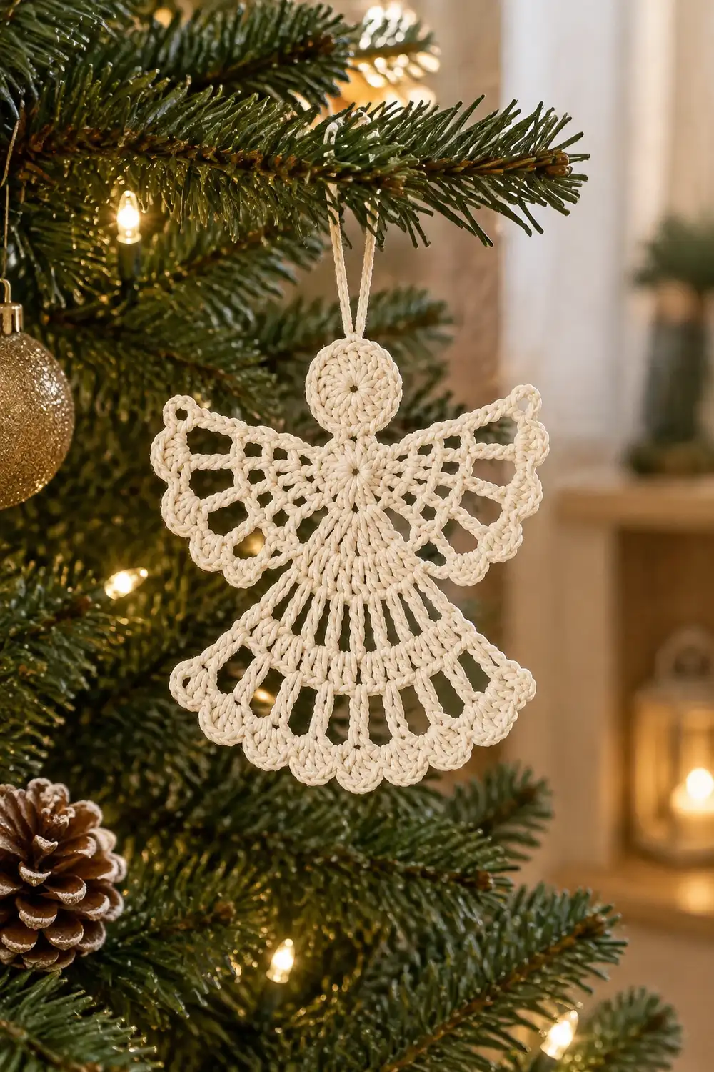A cream-colored crocheted angel ornament hangs on an evergreen Christmas tree branch among warm lights.