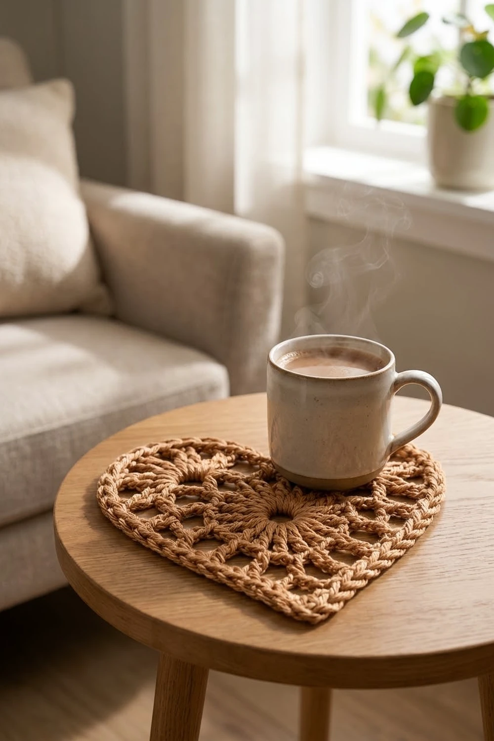 A cream ceramic mug with coffee sits on a crocheted heart coaster on a wooden table beside a beige armchair.