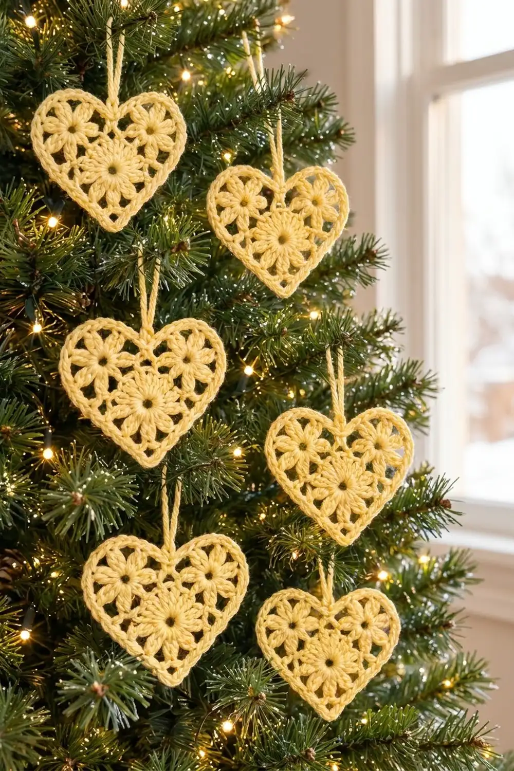 Six cream-colored crochet heart ornaments with floral patterns hang from twine on a decorated Christmas tree with lights.