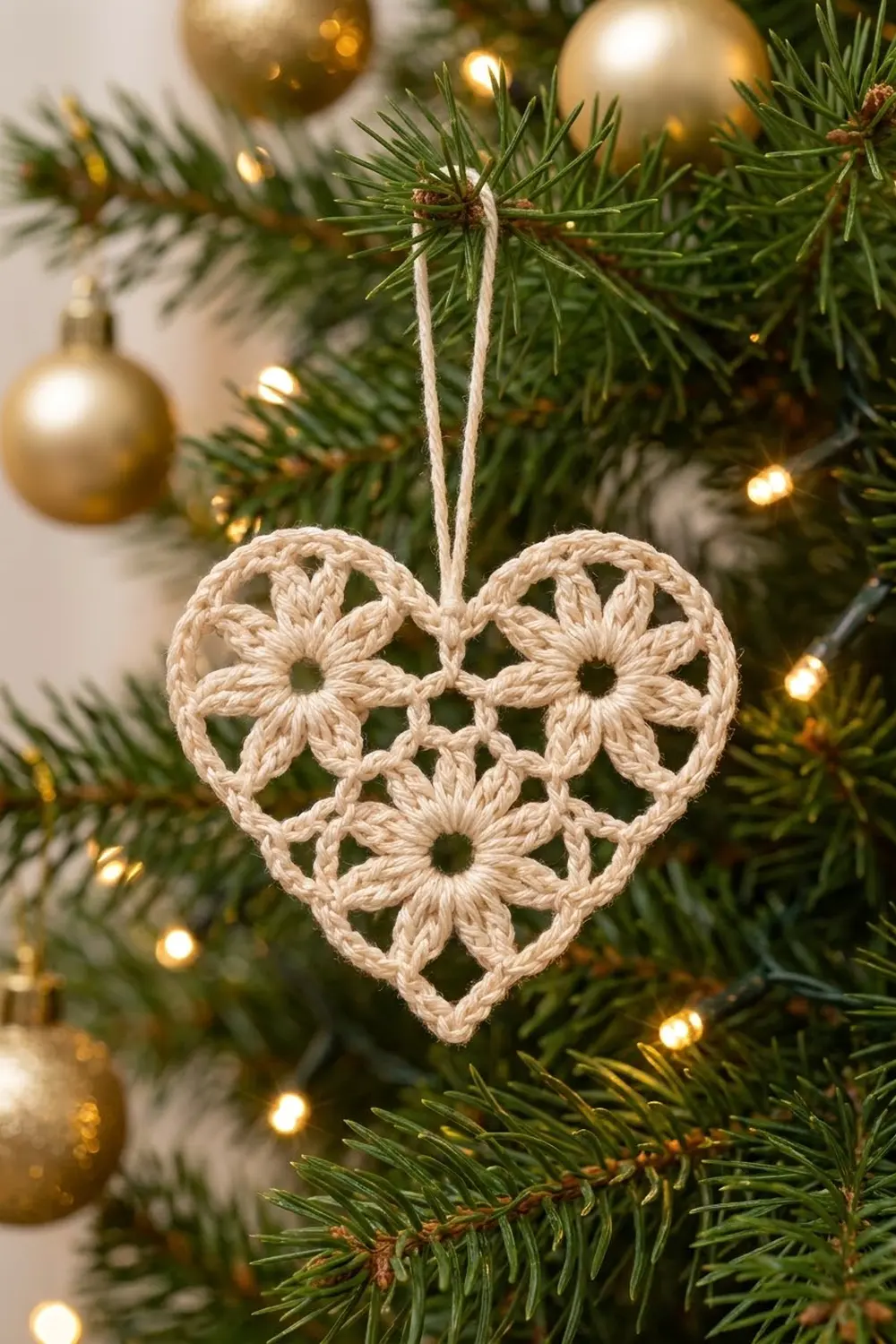 A crocheted cream-colored heart ornament with floral motifs hangs from twine on an evergreen Christmas tree with gold baubles.