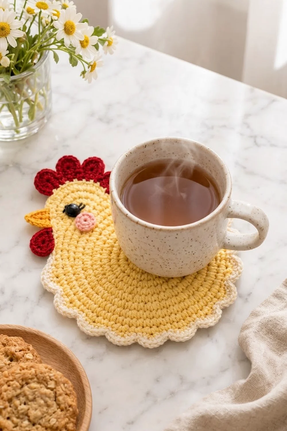 A crocheted yellow chicken coaster holds a speckled mug of tea on a marble table beside flowers and cookies.