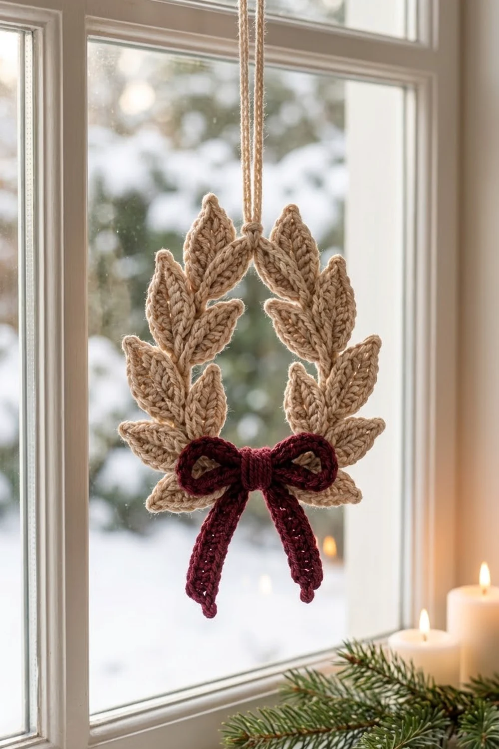 A knitted leaf wreath ornament with a burgundy bow hangs in a window beside candles and evergreen branches.