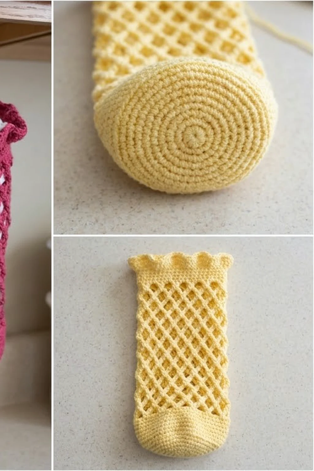 A cream-colored crocheted washcloth displayed flat showing its circular spiral pattern and diamond mesh weave detail.